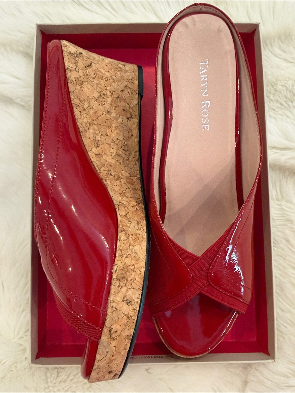 Taryn Rose Red Patent Cork Wedge Peep-Toe Sandals